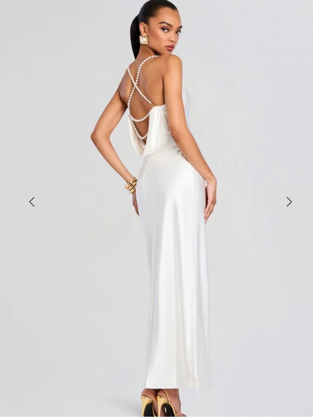 Retrofete NWT Electra Elegant White Satin Backless Maxi Dress with Pearl Straps